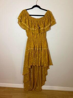 VICI | Mustard Yellow Off-Shoulder Ruffled High-Low Dress